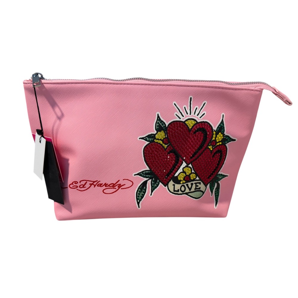Ed Hardy Pink Cosmetic Bag Tattoo Hearts Love Graphic Zip Pouch NEW